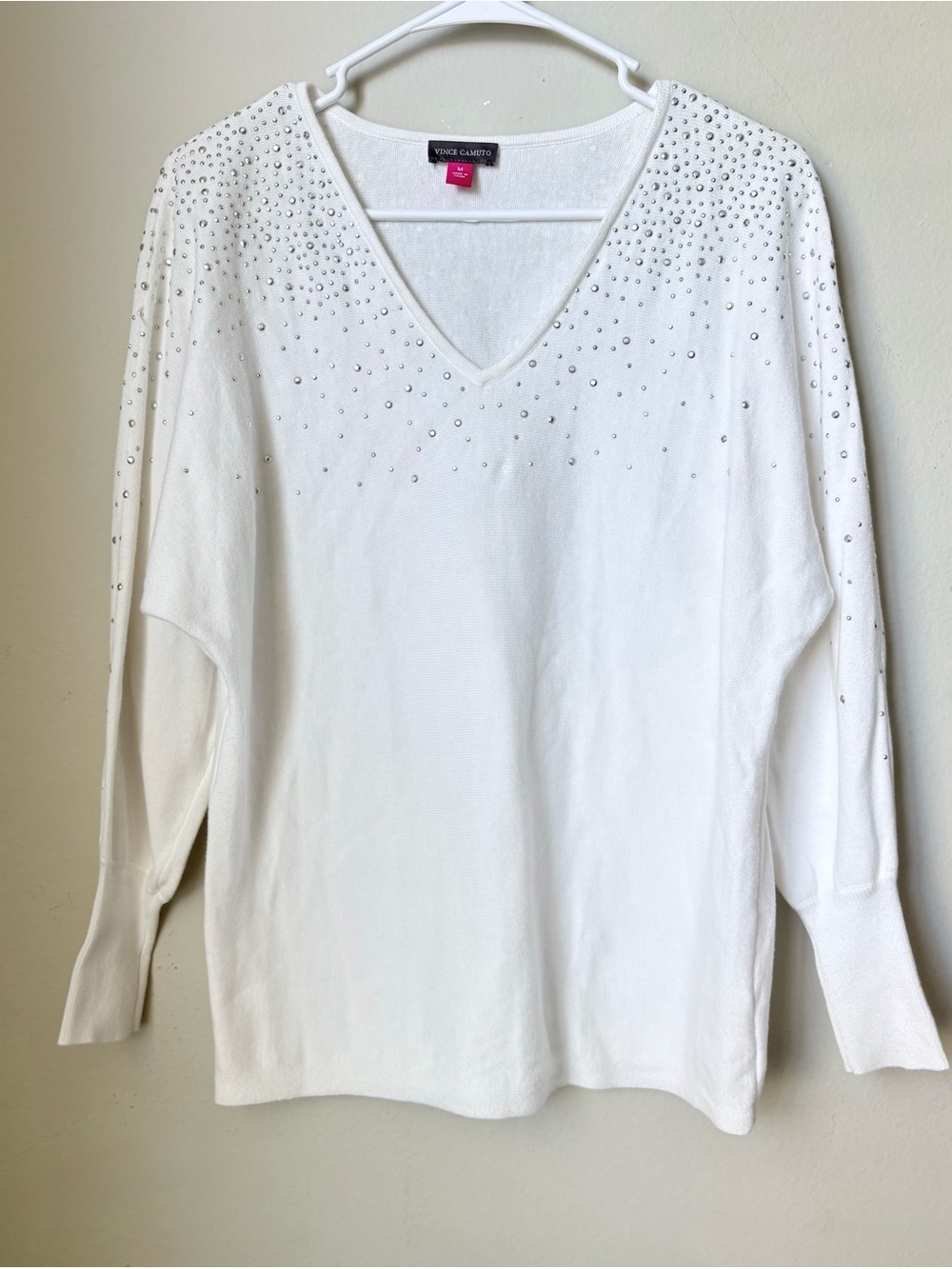 Vince Camuto M White Embellished V-Neck Sweater Rhinestone Long Sleeve